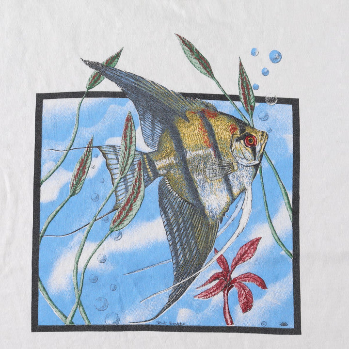 90'S Fruit of the Loom fish print animal t-shirt, men's size L (approx.) cotton white type Vintage Second Hand