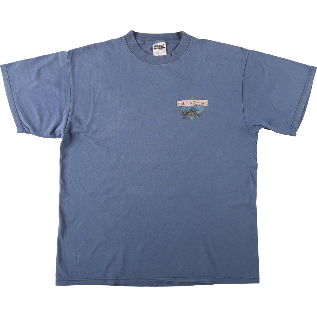 90'S TULTEX fish print animal t-shirt, made in USA, men's size XL equivalent, vintage. cotton blue type Vintage Second Hand
