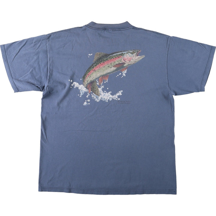 90'S TULTEX fish print animal t-shirt, made in USA, men's size XL equivalent, vintage. cotton blue type Vintage Second Hand