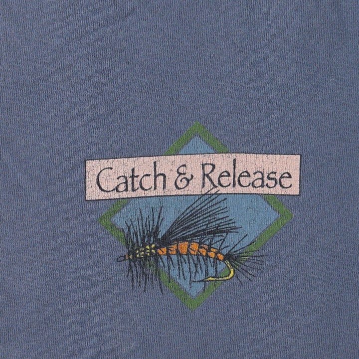 90'S TULTEX fish print animal t-shirt, made in USA, men's size XL equivalent, vintage. cotton blue type Vintage Second Hand