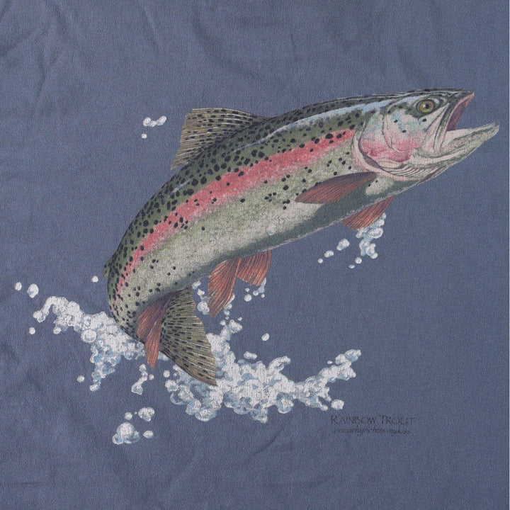90'S TULTEX fish print animal t-shirt, made in USA, men's size XL equivalent, vintage. cotton blue type Vintage Second Hand