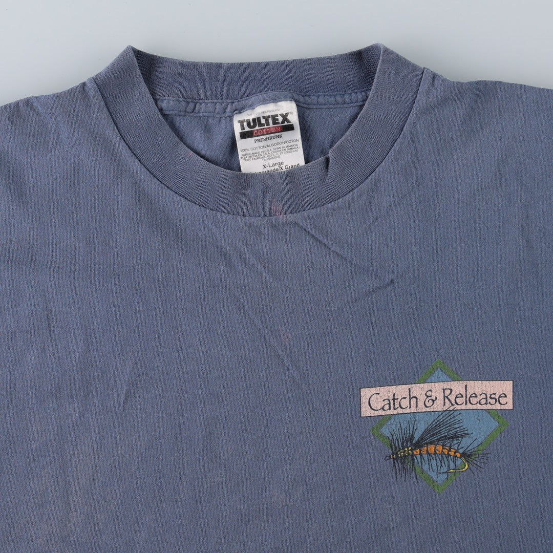90'S TULTEX fish print animal t-shirt, made in USA, men's size XL equivalent, vintage. cotton blue type Vintage Second Hand