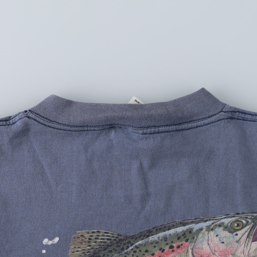 90'S TULTEX fish print animal t-shirt, made in USA, men's size XL equivalent, vintage. cotton blue type Vintage Second Hand