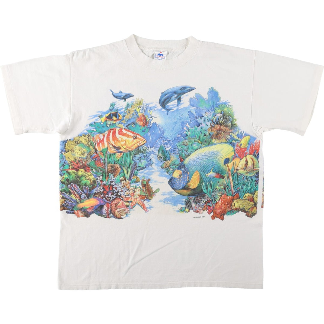 90'S HL Miller Fish Print Animal T-Shirt, Made in USA, Men's Size L (Equivalent), Vintage cotton white type Vintage Second Hand