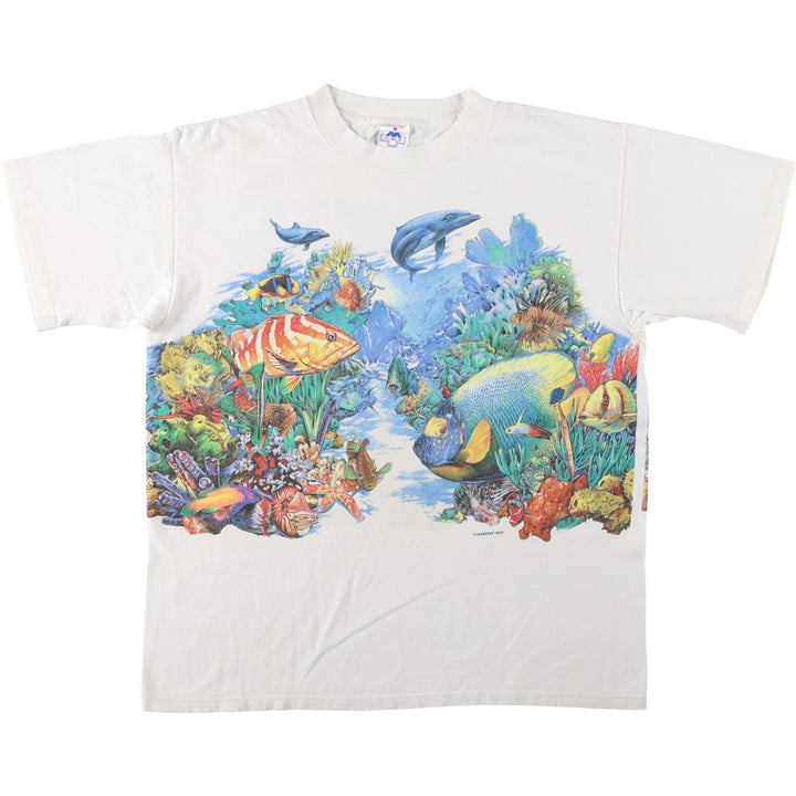 90'S HL Miller Fish Print Animal T-Shirt, Made in USA, Men's Size L (Equivalent), Vintage cotton white type Vintage Second Hand