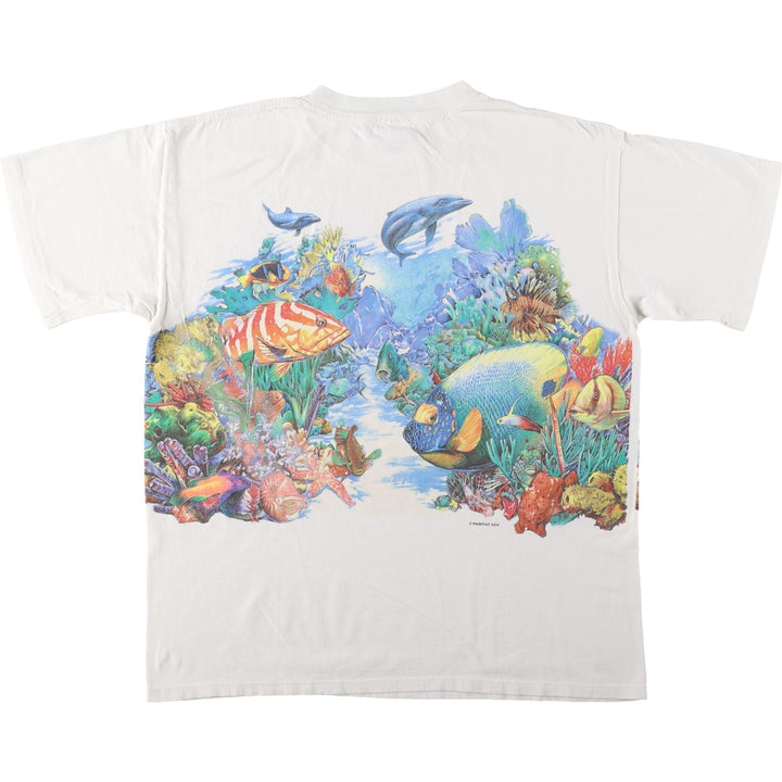 90'S HL Miller Fish Print Animal T-Shirt, Made in USA, Men's Size L (Equivalent), Vintage cotton white type Vintage Second Hand