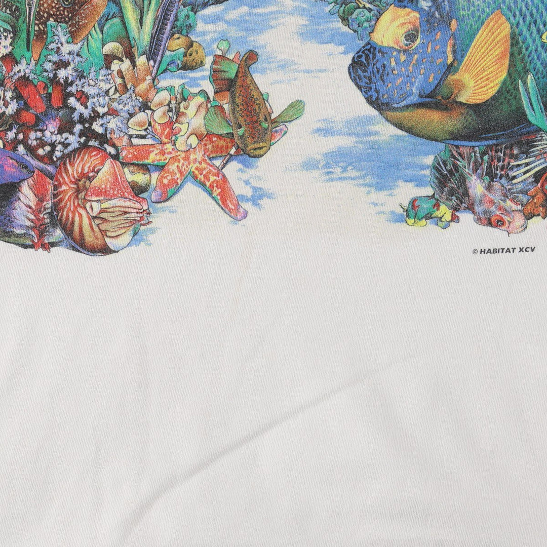 90'S HL Miller Fish Print Animal T-Shirt, Made in USA, Men's Size L (Equivalent), Vintage cotton white type Vintage Second Hand
