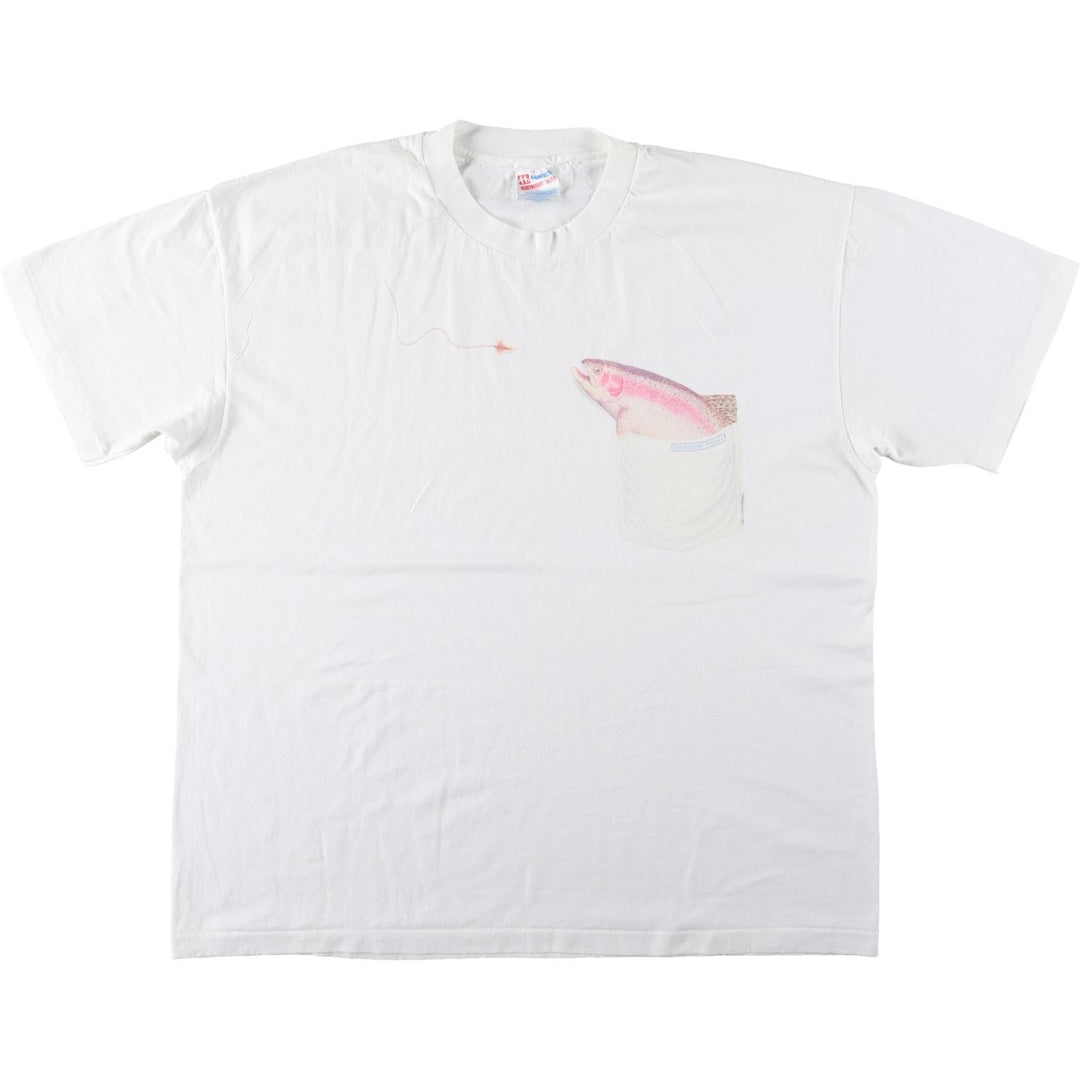 90'S Hanes Animal Pattern Fish Print T-Shirt, Made in USA, Men's XL (approx.), Vintage cotton white type Vintage Second Hand