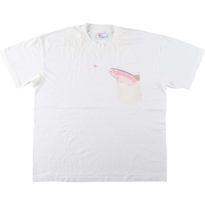 90'S Hanes Animal Pattern Fish Print T-Shirt, Made in USA, Men's XL (approx.), Vintage cotton white type Vintage Second Hand
