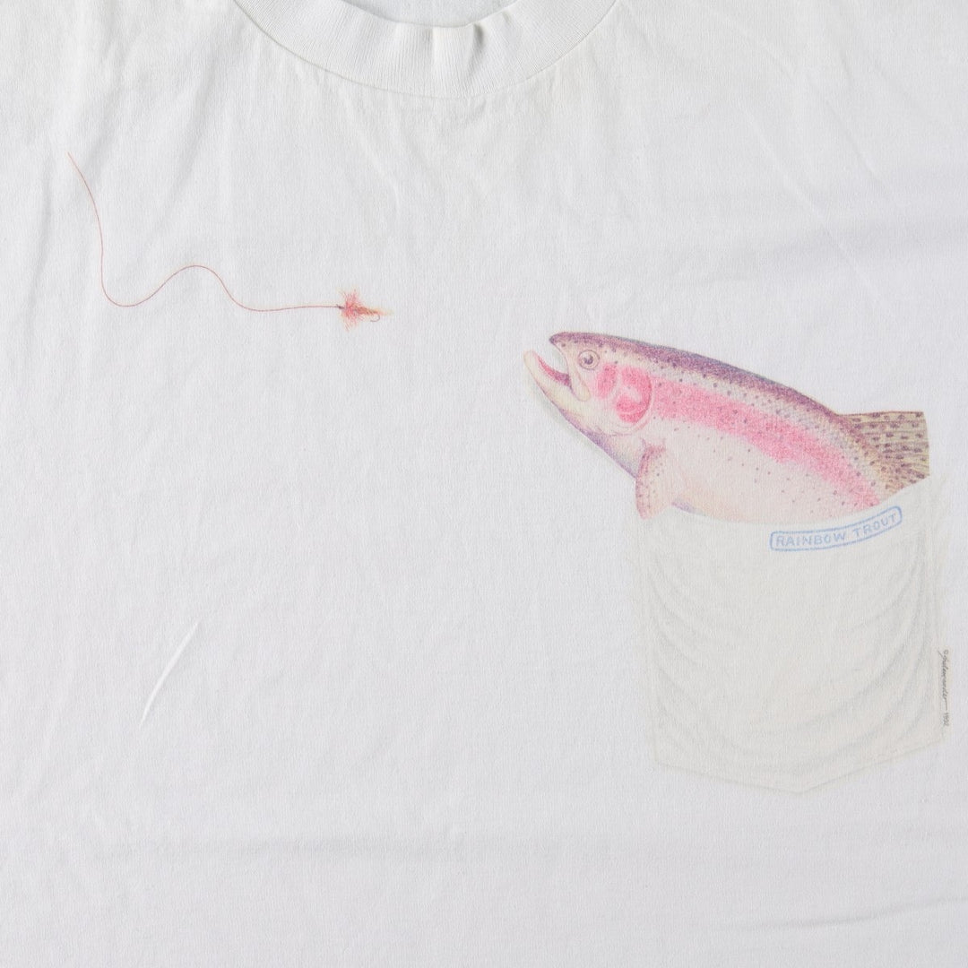 90'S Hanes Animal Pattern Fish Print T-Shirt, Made in USA, Men's XL (approx.), Vintage cotton white type Vintage Second Hand