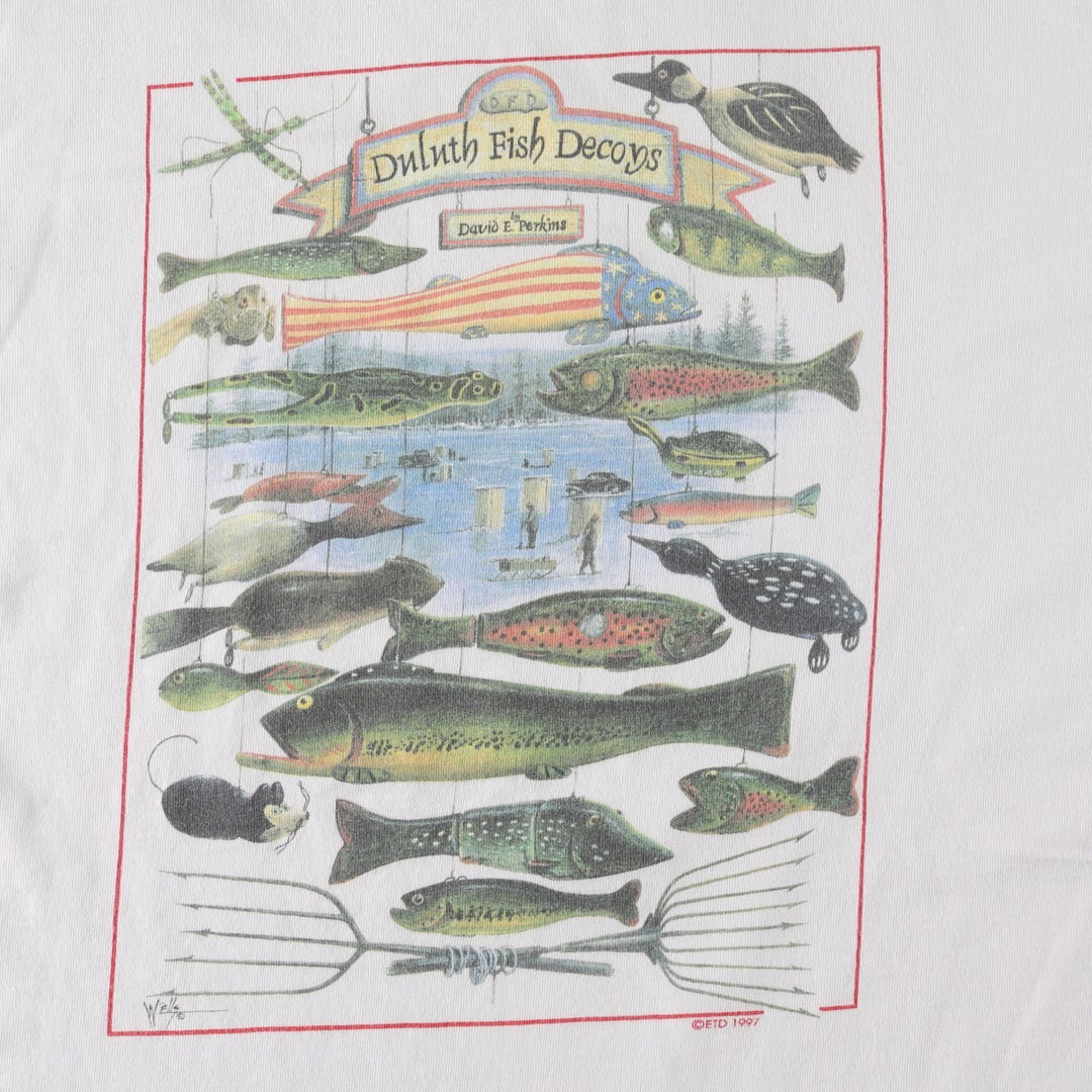 90'S All Sport Fish Print Animal T-Shirt, Made in USA, Men's XXL equivalent, Vintage cotton white type Vintage Second Hand