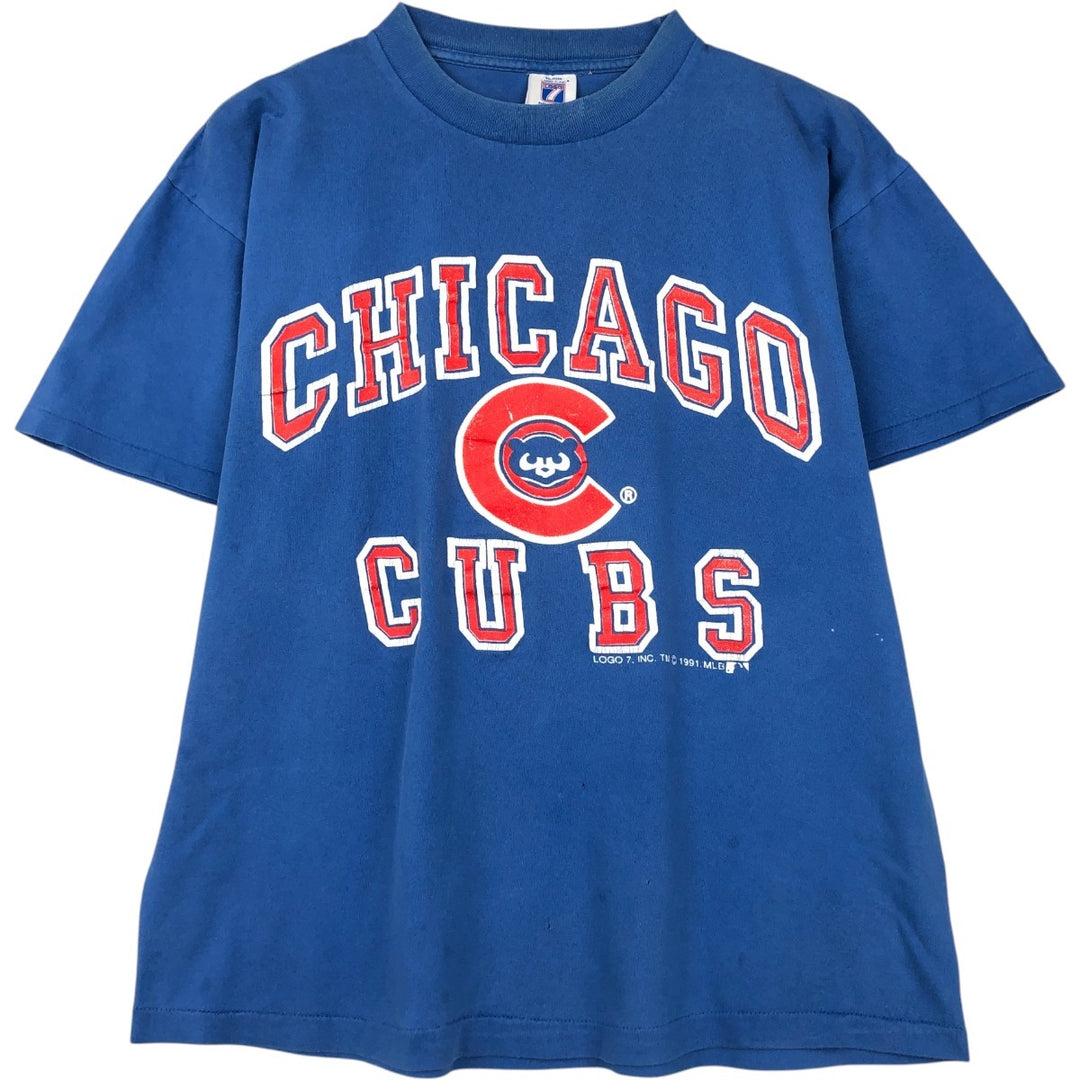 90'S Logo 7 MLB Chicago Cubs sports print T-shirt, Made in USA, Men's size M equivalent, Vintage unclear blue type Vintage Second Hand