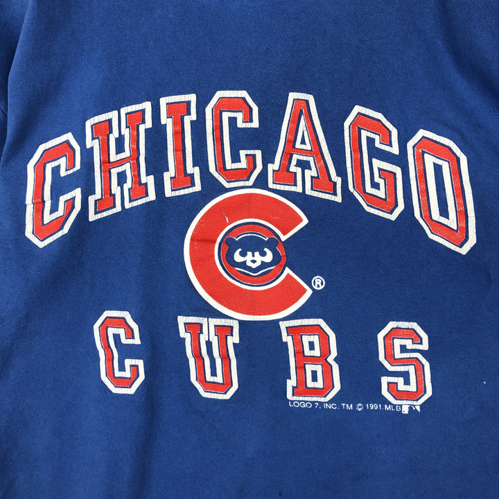 90'S Logo 7 MLB Chicago Cubs sports print T-shirt, Made in USA, Men's size M equivalent, Vintage unclear blue type Vintage Second Hand