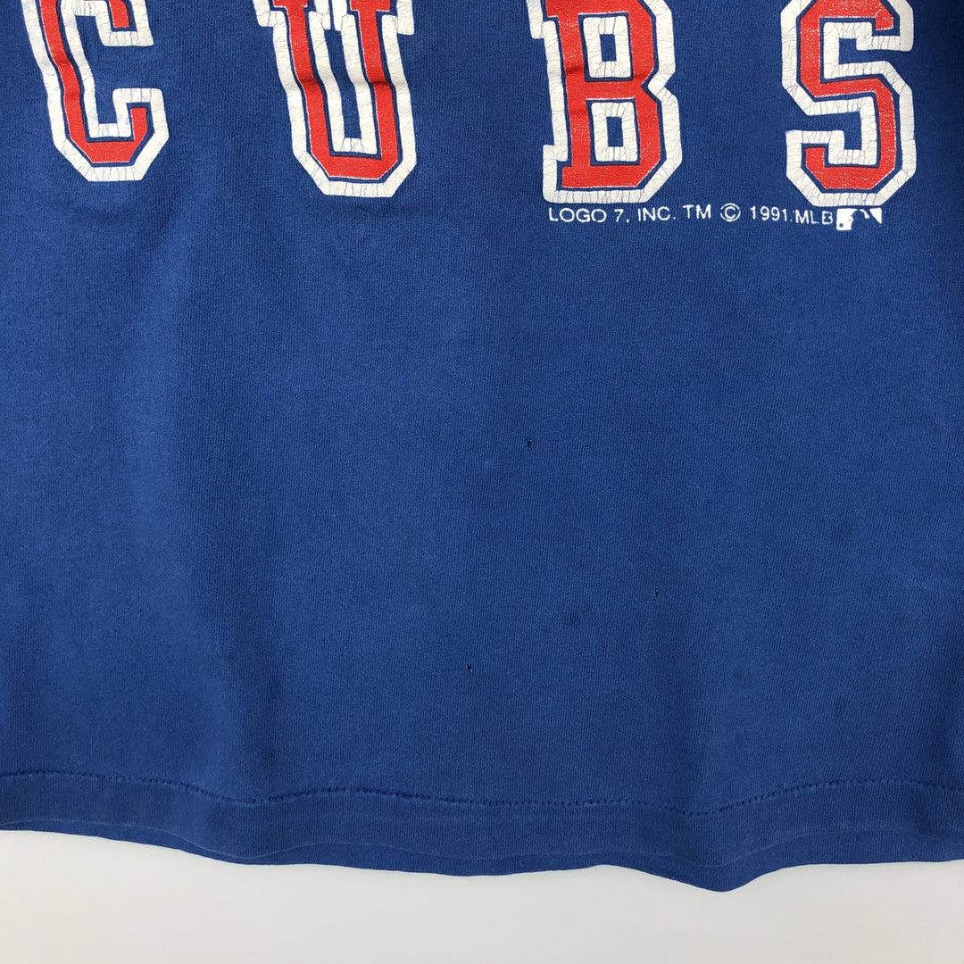 90'S Logo 7 MLB Chicago Cubs sports print T-shirt, Made in USA, Men's size M equivalent, Vintage unclear blue type Vintage Second Hand