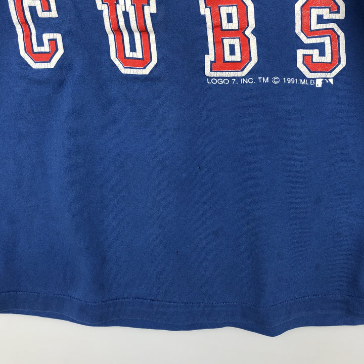 90'S Logo 7 MLB Chicago Cubs sports print T-shirt, Made in USA, Men's size M equivalent, Vintage unclear blue type Vintage Second Hand