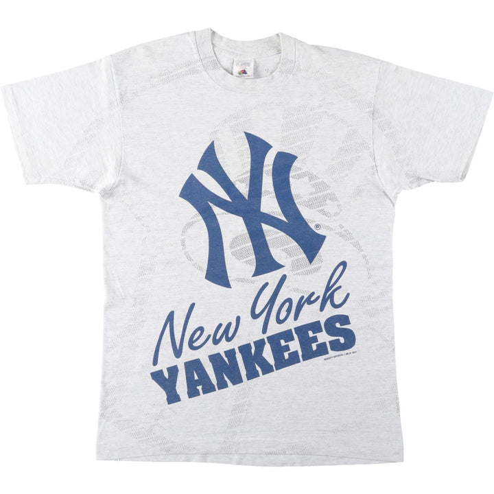 90'S Fruit of the Loom New York Yankees Large Print Sports T-Shirt, Made in Canada, Men's Size L (approx.) cotton gray type Vintage Second Hand