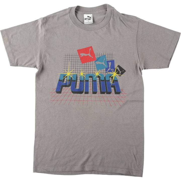 80s-90'S Puma logo print T-shirt, made in USA, men's size M equivalent, vintage. polyester gray type Vintage Second Hand
