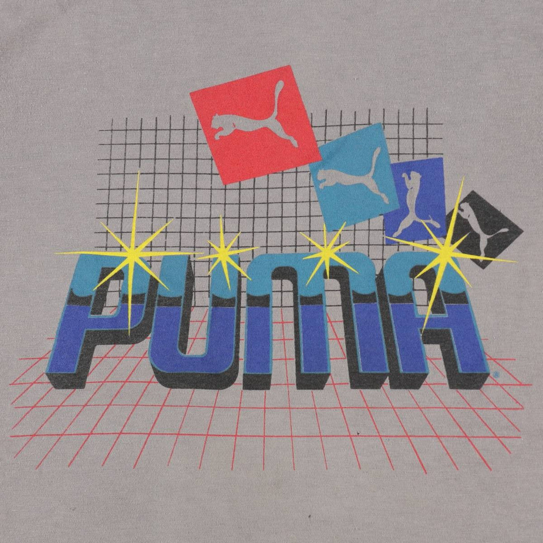 80s-90'S Puma logo print T-shirt, made in USA, men's size M equivalent, vintage. polyester gray type Vintage Second Hand