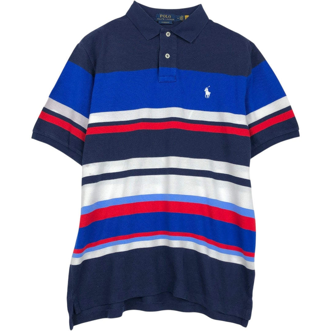 Ralph Lauren POLO RALPH LAUREN CLASSIC FIT Multi-stripe Short-Sleeve Polo Shirt, Men's Size M (approx.) cotton navy blue type Vintage Second Hand