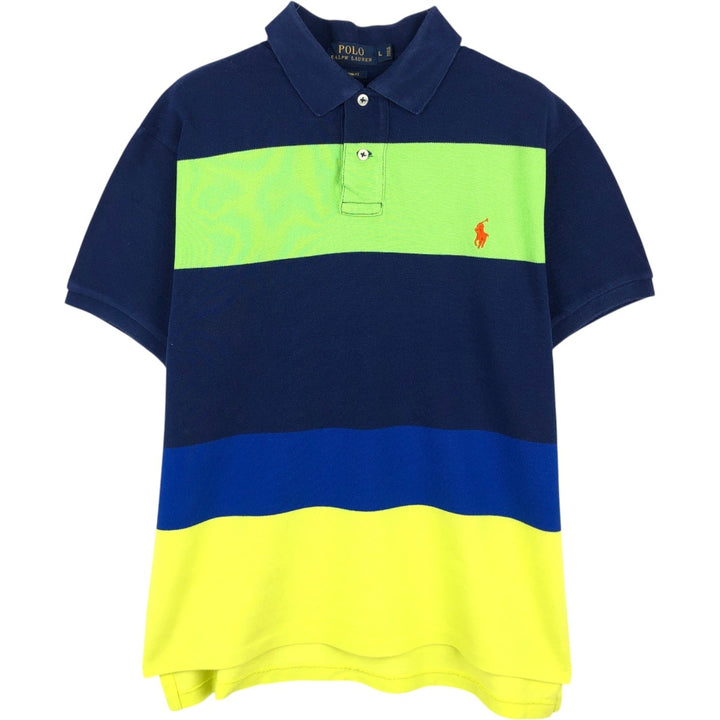 Ralph Lauren POLO RALPH LAUREN CUSTOM FIT Multi-Border Short Sleeve Polo Shirt, Men's Size L cotton navy blue type Vintage Second Hand