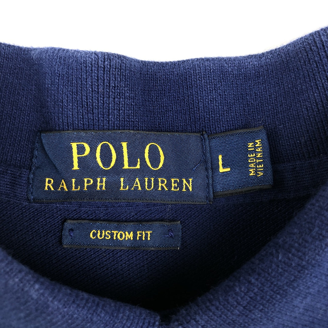 Ralph Lauren POLO RALPH LAUREN CUSTOM FIT Multi-Border Short Sleeve Polo Shirt, Men's Size L cotton navy blue type Vintage Second Hand