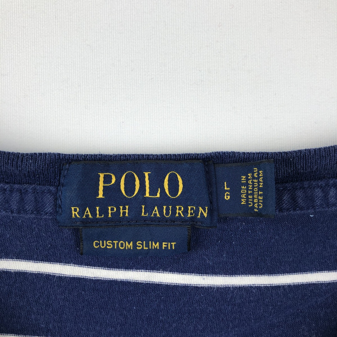 Ralph Lauren POLO RALPH LAUREN CUSTOM SLIM FIT short sleeve striped T-shirt men's size L cotton navy blue type Vintage Second Hand