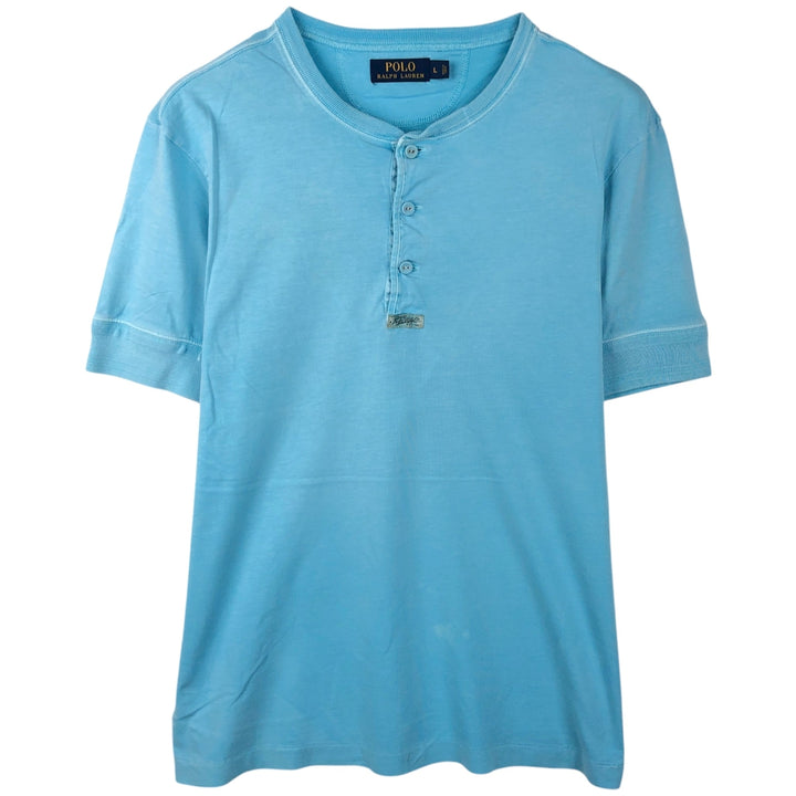 Ralph Lauren POLO RALPH LAUREN Henley neck short-sleeved T-shirt with a single logo, men's size L (approx.) Pima Cotton Blue type light blue Vintage Second Hand
