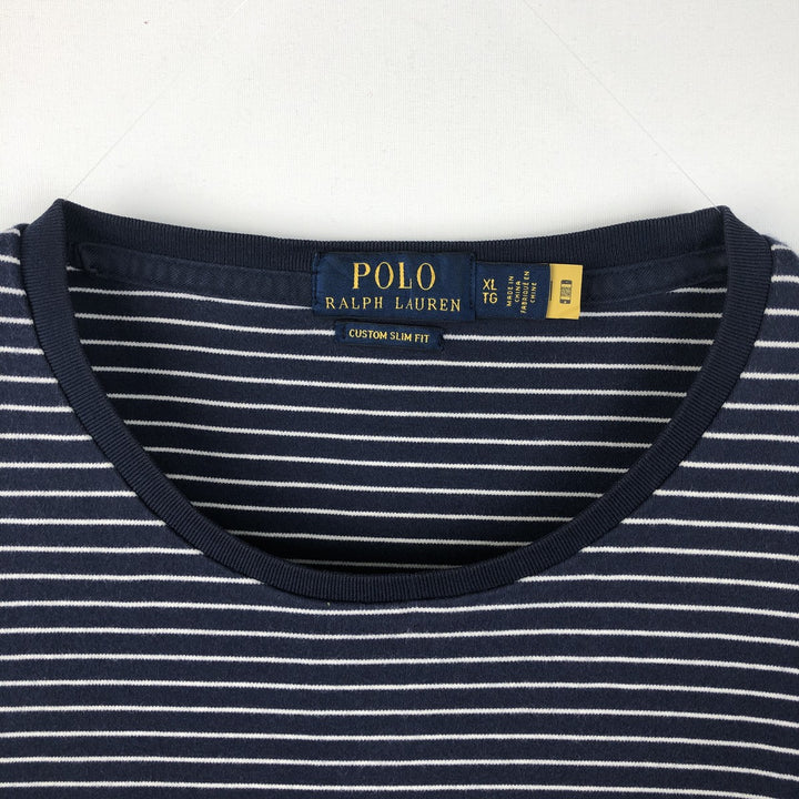 Ralph Lauren POLO RALPH LAUREN CUSTOM SLIM FIT short sleeve striped T-shirt men's XL equivalent cotton navy blue type Vintage Second Hand