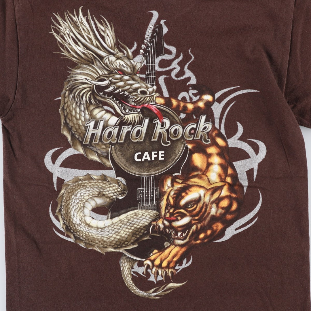 HARD ROCK CAFE advertising T-shirt featuring dragon and tiger patterns (men's size S). cotton brown type Vintage Second Hand