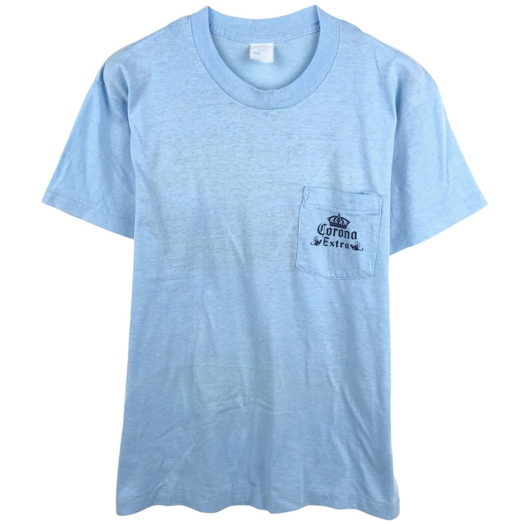 ~90'S Path CORONA EXTRA Advertising T-Shirt, Made in USA, Vintage polyester Blue type light blue Vintage Second Hand