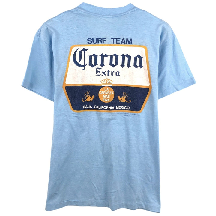 ~90'S Path CORONA EXTRA Advertising T-Shirt, Made in USA, Vintage polyester Blue type light blue Vintage Second Hand