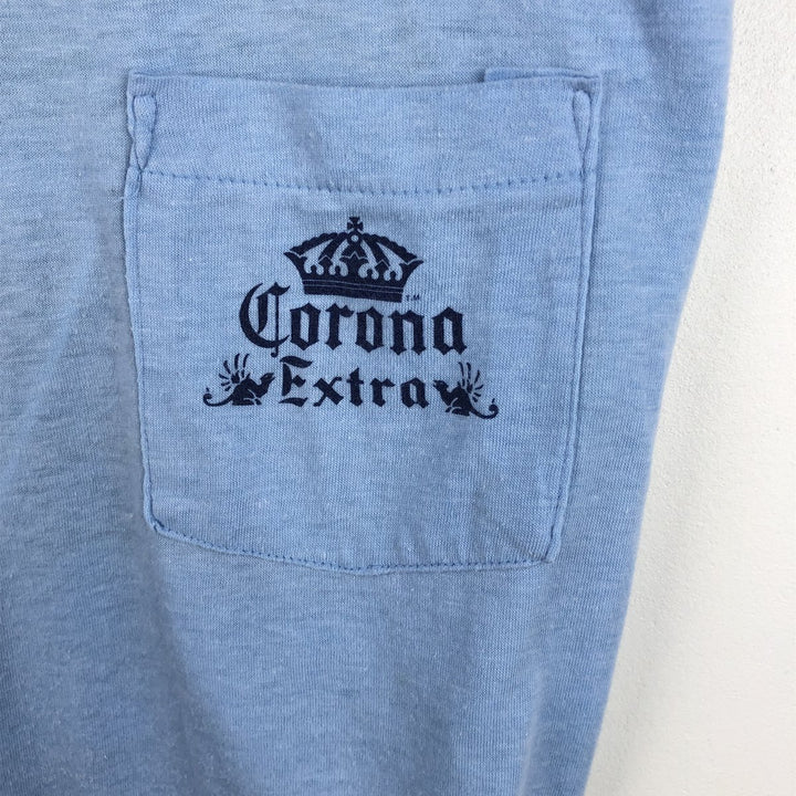 ~90'S Path CORONA EXTRA Advertising T-Shirt, Made in USA, Vintage polyester Blue type light blue Vintage Second Hand
