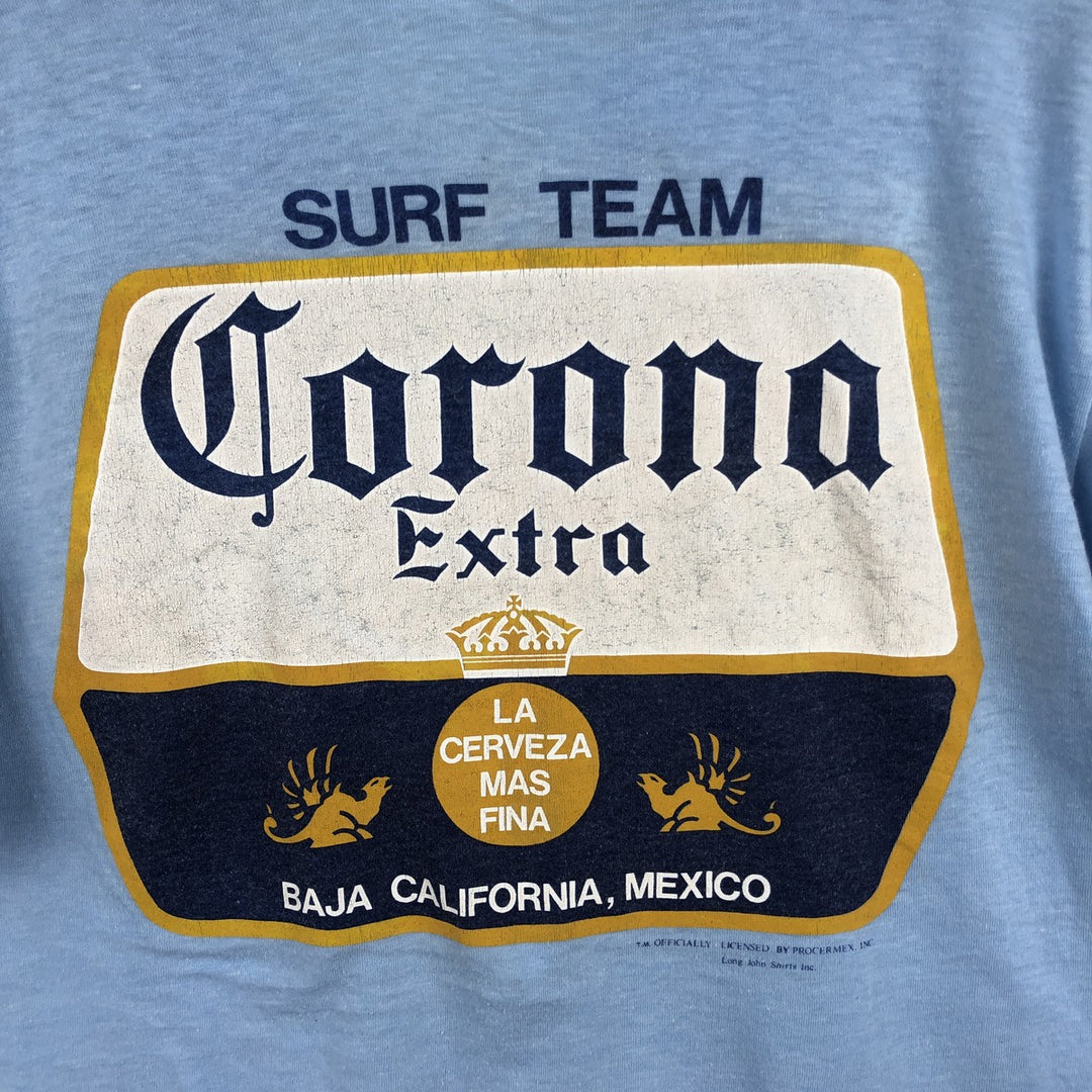 ~90'S Path CORONA EXTRA Advertising T-Shirt, Made in USA, Vintage polyester Blue type light blue Vintage Second Hand