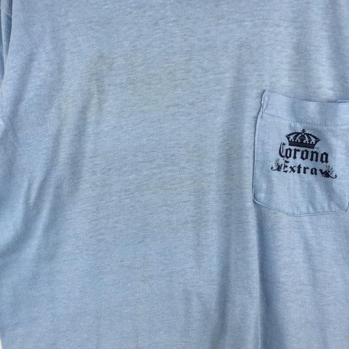 ~90'S Path CORONA EXTRA Advertising T-Shirt, Made in USA, Vintage polyester Blue type light blue Vintage Second Hand