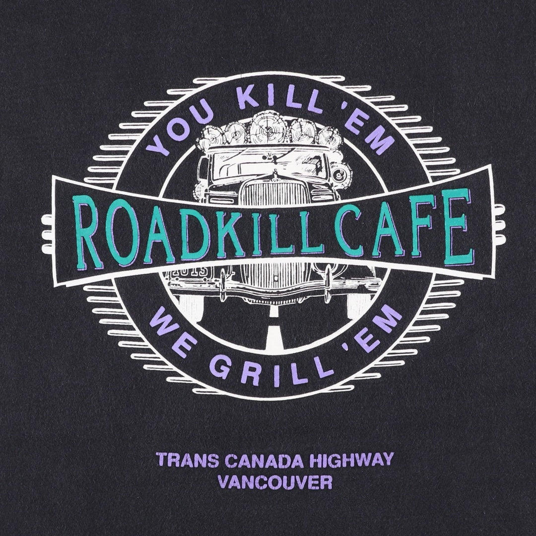 TULTEX ROADKILLCAFE Advertising T-Shirt, Made in Canada, Men's XL (approx.) cotton black type Vintage Second Hand