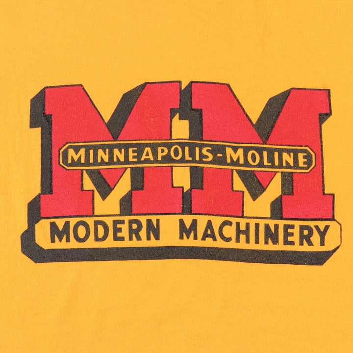 ~90'S Fruit of the Loom MINNEAPOLIS-MOLINE MODERN MACHINERY Advertising T-Shirt, Made in USA, Men's XL equivalent. cotton yellow type Vintage Second Hand