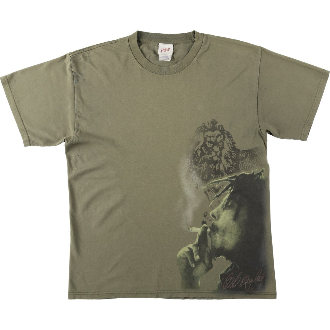 Philcos BOB MARLEY Band T-shirt (Men's size L) cotton ocher yellow type Vintage Second Hand