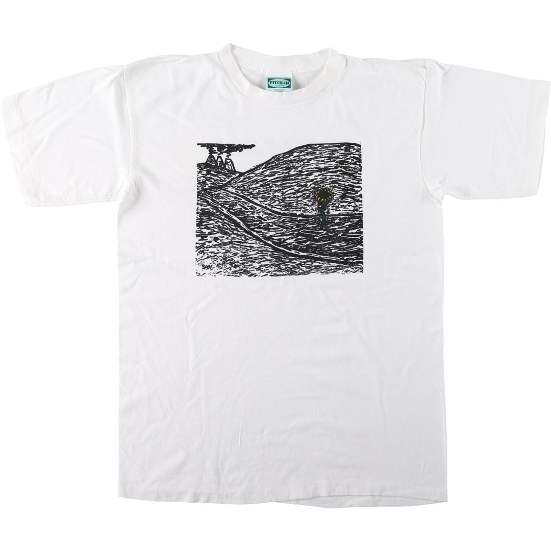 90'S PITCH-IN Art T-Shirt, Made in USA, Men's Size L (Equivalent), Vintage cotton white type Vintage Second Hand