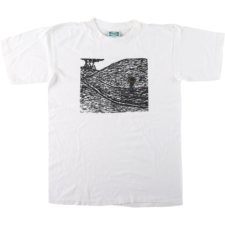 90'S PITCH-IN Art T-Shirt, Made in USA, Men's Size L (Equivalent), Vintage cotton white type Vintage Second Hand