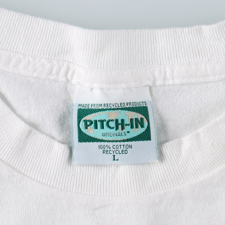90'S PITCH-IN Art T-Shirt, Made in USA, Men's Size L (Equivalent), Vintage cotton white type Vintage Second Hand