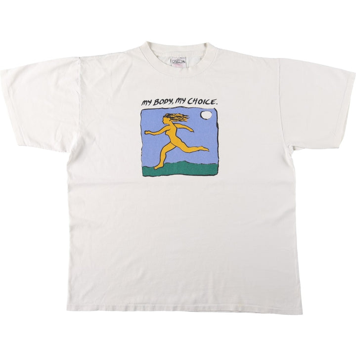 90'S ONEITA POWER-T Art T-Shirt, Made in USA, Men's XL equivalent, Vintage cotton white type Vintage Second Hand