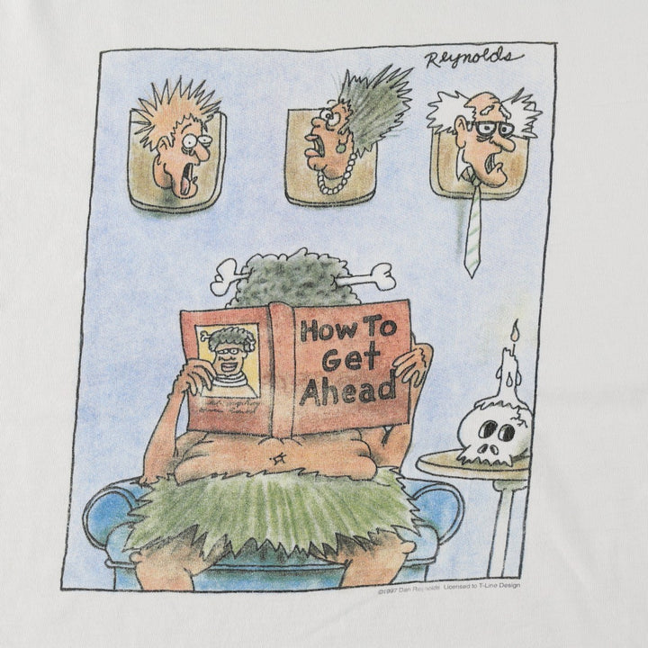 90'S Jerzees Dan Reynolds satirical art t-shirt, made in USA, men's size XL (approx.), vintage. cotton white type Vintage Second Hand