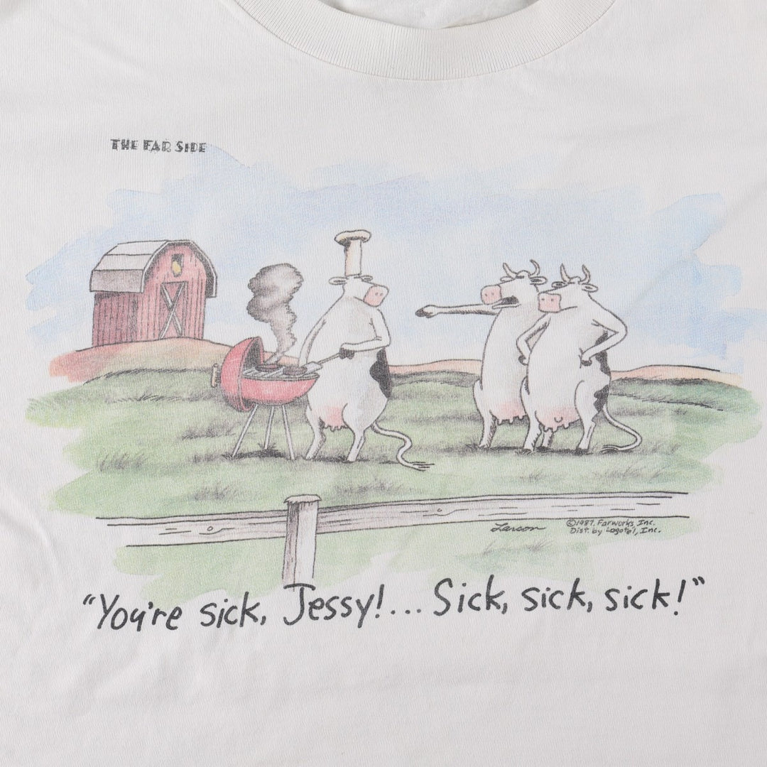80'S THE FAR SIDE Gary Larson Art T-shirt, Made in USA, Men's XL equivalent, Vintage cotton white type Vintage Second Hand