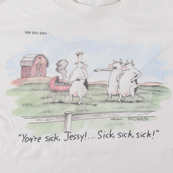 80'S THE FAR SIDE Gary Larson Art T-shirt, Made in USA, Men's XL equivalent, Vintage cotton white type Vintage Second Hand