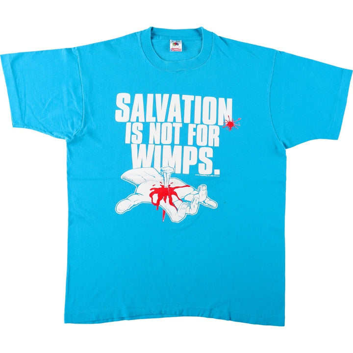 90'S Fruit of the Loom Old Around the Bible Print T-Shirt, Made in USA, Men's XL equivalent, Vintage cotton turquoise blue Vintage Second Hand