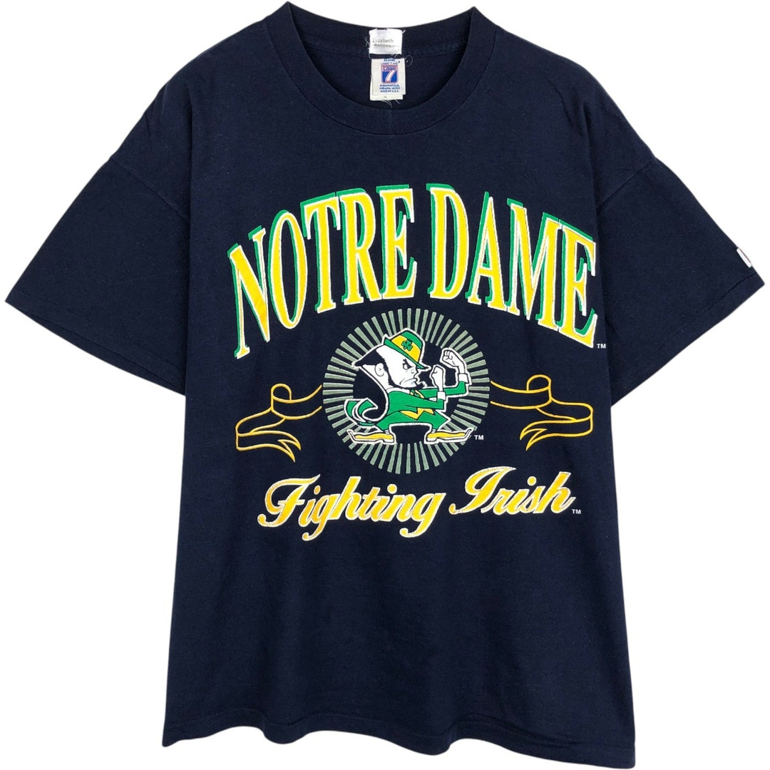 90'S Logo Seven Notre Dame University Fighting Irish College T-Shirt, Made in USA, Men's XL equivalent, Vintage cotton navy blue type Vintage Second Hand