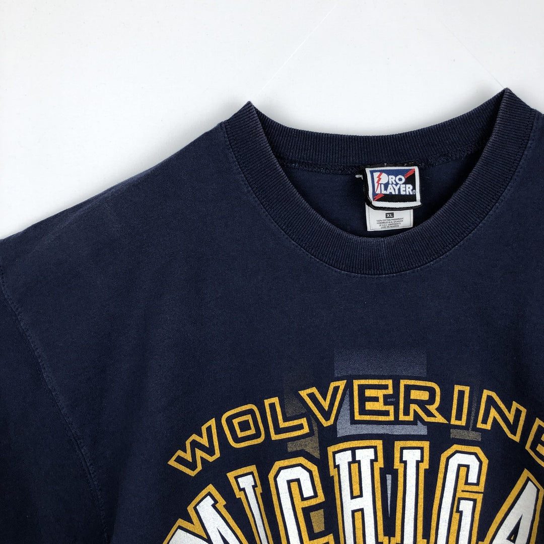 90'S PRO PLAYER MICHIGAN University of Michigan College T-shirt, Men's XL equivalent, Vintage cotton navy blue type Vintage Second Hand