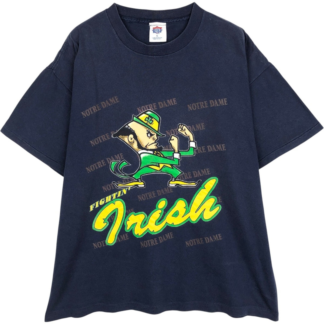 80s-90'S Saturday's Hero Notre Dame University Fighting Irish College T-shirt, Made in USA, Men's XL equivalent. cotton navy blue type Vintage Second Hand