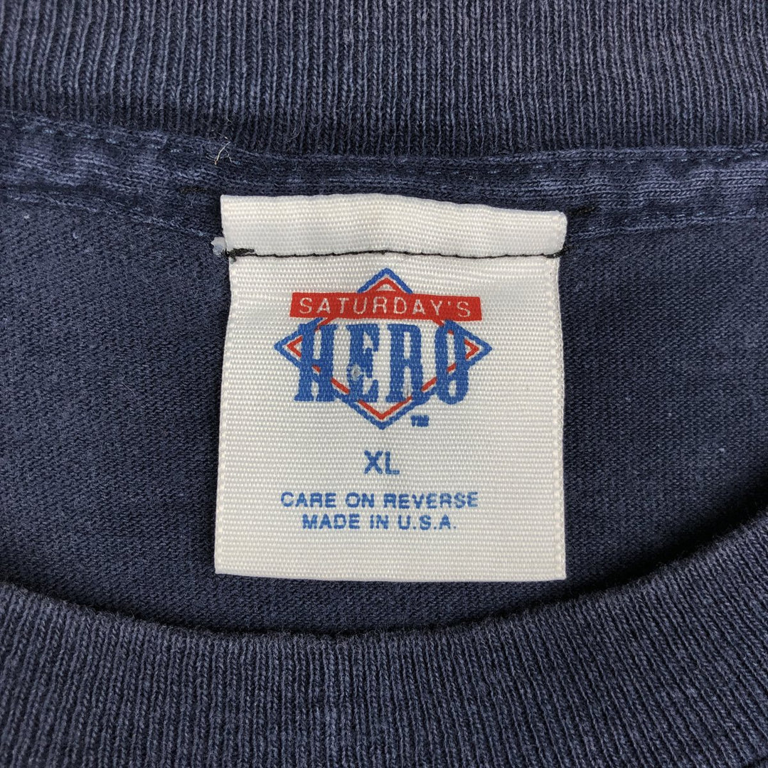 80s-90'S Saturday's Hero Notre Dame University Fighting Irish College T-shirt, Made in USA, Men's XL equivalent. cotton navy blue type Vintage Second Hand