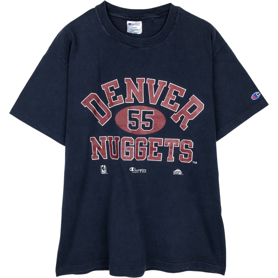 90'S Champion NBA Denver Nuggets Logo Print T-Shirt, Made in USA, Men's Size L (approx.) cotton Navy blue Vintage Second Hand